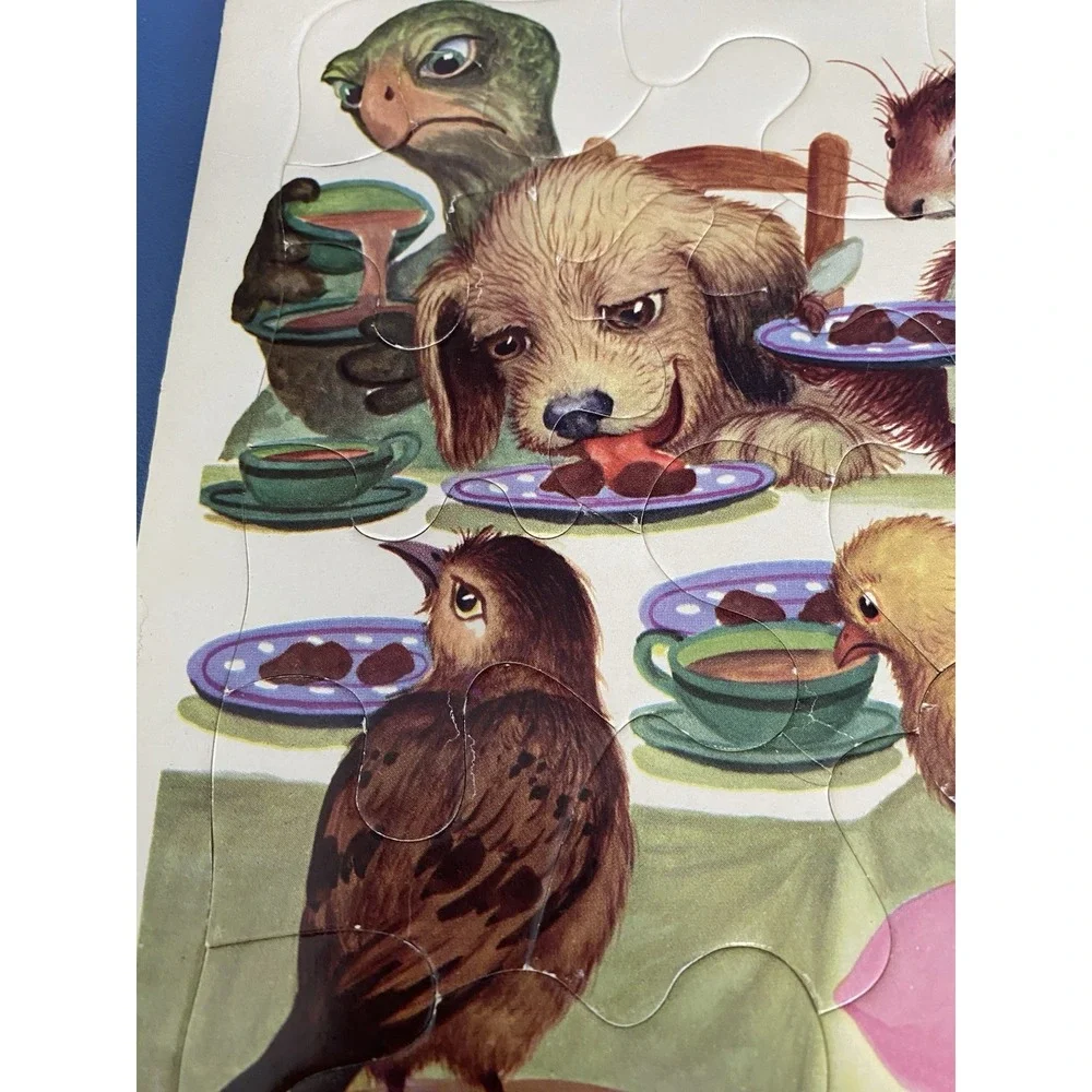 VTG Playskool Golden Press Animals at Table Cardboard Frame Tray Puzzle 80-9A